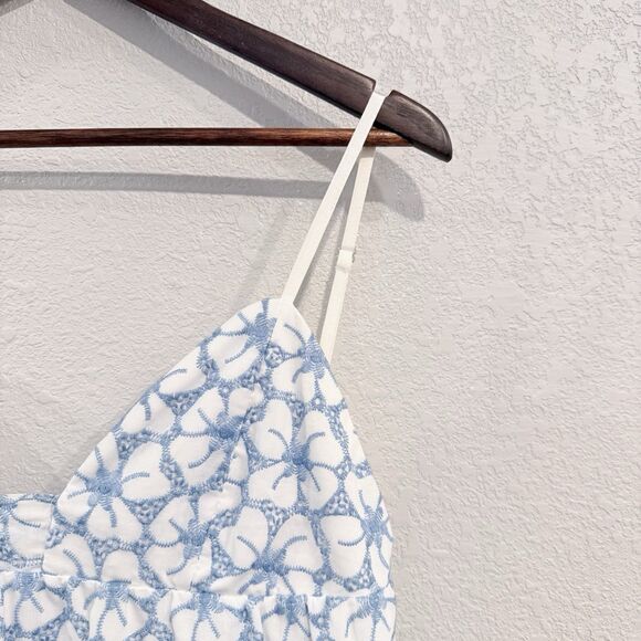 Milly Evelyn Tiered Eyelet Mini Dress Blue Floral Embroidered Spaghetti Straps - Picture 5 of 13